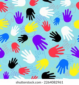 Hände, Handflächen, Druck. Muster nahtlos. Silhouette der Handfläche. Finger der Hand eines Menschen, der Palme eines Kindes. Zeichnen. Vektorgrafiken. Illustration auf isoliertem Hintergrund.