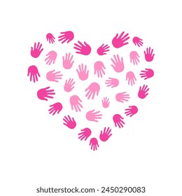 Manos, palmas, huella. La forma del corazón. Silueta de la palma. Dedos de la mano de una persona. Diseñar conceptos de ayuda, Asistencia, amor. Dibujo. Gráficos de Vector. Ilustración sobre fondo aislado.
