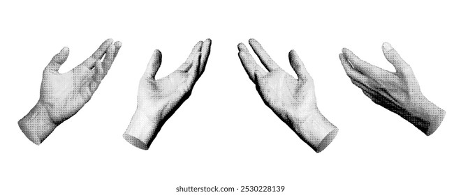 Hands, palms reaching out, stretching to something. Halftone style vector isolated on white background.