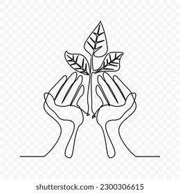 hands palms together with growth plant, One continuous single line hand drawing