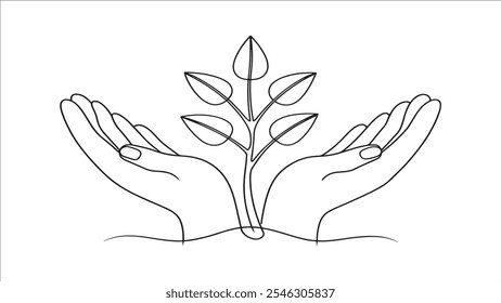 Hands palms together with growth plant continuous line art isolated on white background.