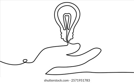 Hands palms together with light bulb continuous one line drawing illustration