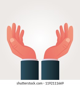 Hands palms together. The man holds his empty palms up. Place for object and design elements. Vector illustration flat design. Isolated on white background. Gesture with your arms. Empty hands.
