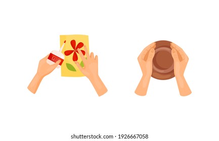 Hands Paper Crafting with Glue and Modelling Vase in Clay as Handmade Craft Vector Set