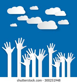 Hands - Paper Cut Palm Hands Set Vector Illustration on Blue Sky Background with Clouds