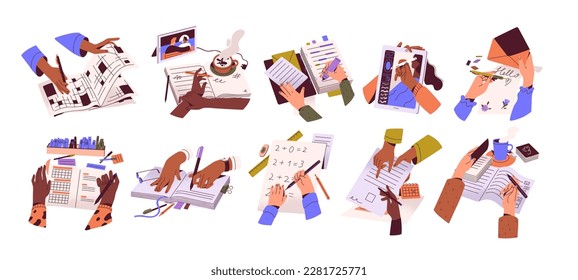 Hands with papers, pens set. Writing letters, taking notes in diaries, journals, planners, drawing on tablet, signing document, doing homework. Flat vector illustrations isolated on white background