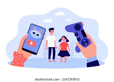 Manos de padres dando palo de alegría y teléfono móvil a niños pequeños. Controlar el tiempo de reproducción por hombre y mujer ilustración vectorial plana. Concepto de videojuegos para banner, diseño de sitios web o página web de inicio