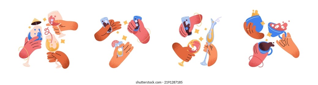 Hands with party drinks set. Holding, toasting, cheers with alcohol, cocktails, lemonades glasses, coffee cups for friends celebration. Flat graphic vector illustration isolated on white background