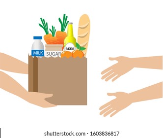 Hands pass brown paper bag full with grocery products to other hands. Isolated on white background. Vector Illustration.  