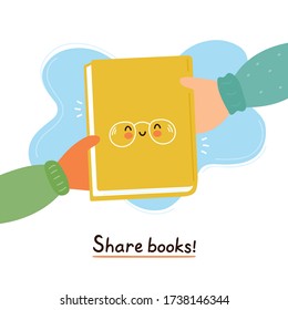 Hands Pass Cute Smiling Happy Book For Read. Share Books Card,poster Concept. Vector Flat Cartoon Character Illustration. Read And Give Book,library Kids Cool Concept. Adorable Share Mascot