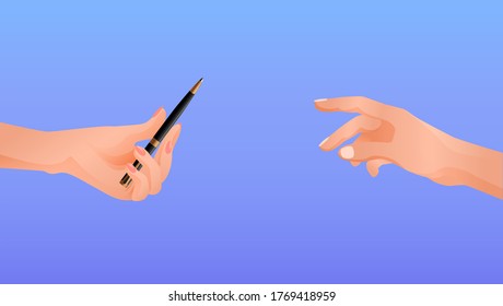 Hands Pass Each Other Pen. Help In Writing Resume Message Friendly Communication Helping Hand In Filling Out Contract Art Of Vector Correspondence.