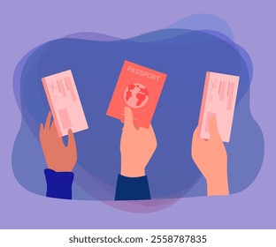 Hands of passengers holding passport and plane tickets. People with boarding pass and international passport flat vector illustration. Traveling, tourism, vacation concept for banner or landing page