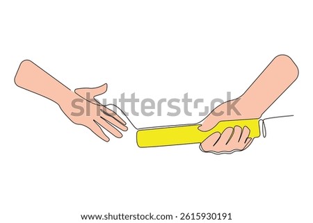 Hands passing the baton in a relay race continuous line art drawing. Vector illustration.