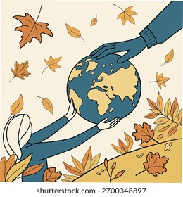 Hands passing the Earth with falling autumn leaves