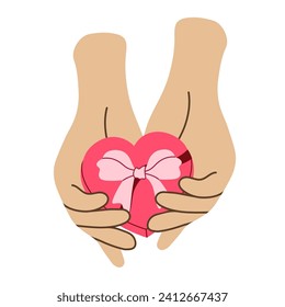 Manos pasando una caja de regalo en forma de corazón. Concepto de amor. Regalo, regalo para San Valentín, cumpleaños o Navidad. Vista desde arriba. Ilustración vectorial plana de moda sobre fondo blanco.