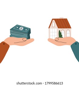 Hands passing a house and banknotes. Buying a property concept. Vector flat illustration isolated on white background