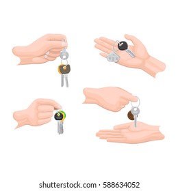 Hands passing keys to another human arms set on white. Buying or selling commercial process of houses and other things. Vector flat collection of human fingers holding and passing keys with keys rings