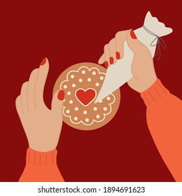 Hands with a pastry bag decorate gingerbread cookies with icing, preparing for Christmas and New Year dinner. Hand drawn vector element for decoration, invitation, poster, postcard, logo, web design