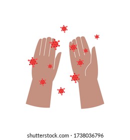 Manos y bacterias patógenas sobre ellas, concepto sobre el tema de la salud manual y la higiene. Ilustración del vector