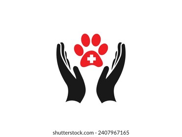 Manos con símbolo de primeros auxilios, Ayuda y cuidado para mascotas sin hogar icono vectorial