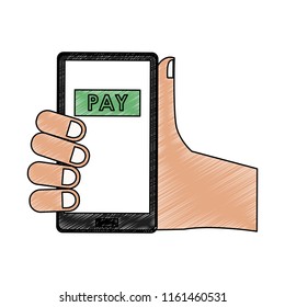 Hands paying online from smartphone scribble