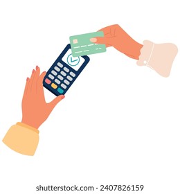 Hands paying with POS terminal. Contactless cashless payments with credit or debit card. NFC technology. Flat vector illustration
