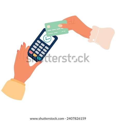 Hands paying with POS terminal. Contactless cashless payments with credit or debit card. NFC technology. Flat vector illustration
