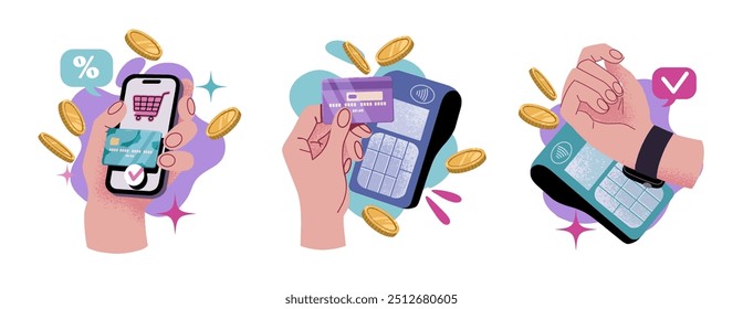 Hands paying with POS terminals. Contactless cashless payments with mobile phone, credit cards, apps and smart watches. Flat vector illustration isolated on white background