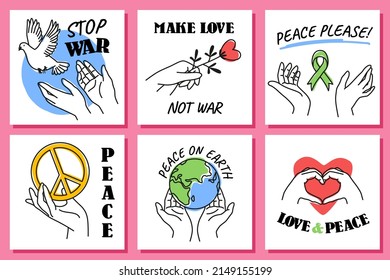 Hands peace cards. Doodle style peaceful posters with human arms and different love, freedom and ecological symbols, stop war square banners. Planet Earth and flying dove, vector set