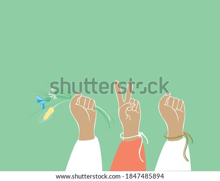 Hands with peace signs vector illustration. Make love not war. Freedom and independence concept. Girl power, Save the planet earth, Belarus Protest, free people, Tolerance concept.