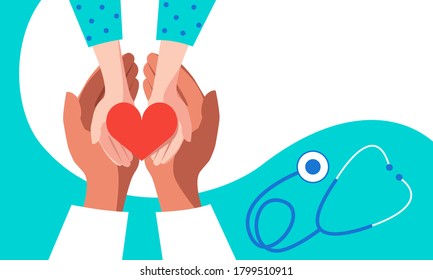 The hands of the pediatrician doctor and the hands of the child hold the heart. Medical care concept for children. Banner design. Stock vector illustration.