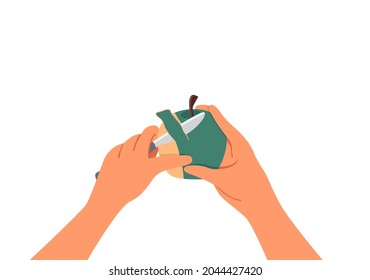 Hands Peeling A Green Apple With A Knife. Top View. The Concept Of Cooking At Home. Vector Illustration In Flat Style Isolated On White Background.