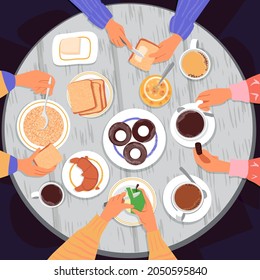 Hands peeling a green apple. Hands with a mug of coffee and a candy. Hands spreading butter on bread. Hand holds a spoon over a plate of porridge. Family or friendly breakfast. Top view. Flat style