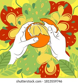 hands are peeling an orange, against a background of abstract leaves and flowers, orange-green background, orange slices under the peel, orange juice, vector illustration, top view