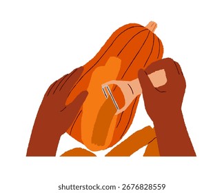 Hands peeling pumpkin skin with kitchen peeler tool. Preparing autumn seasonal food, squash, vegetable for cooking. Culinary preparation work. Flat vector illustration isolated on white background