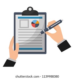 hands with pen and document file statistics pie