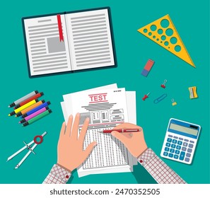 Hands with pen fill survey or exam forms. Answered quiz papers, pile of sheets with education test. Checklist or questionnaire document. Vector illustration in flat style