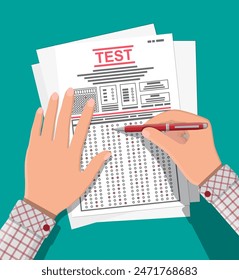 Hands with pen fill survey or exam forms. Answered quiz papers, pile of sheets with education test. Checklist or questionnaire document. Vector illustration in flat style