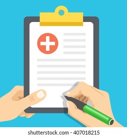 Hands with pen and medical clipboard. Clinical record, medical report, survey, insurance paper, patient case flat concept. Vector illustration