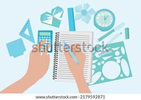 Hands with pen, notebook, calculator and supplies on light backg