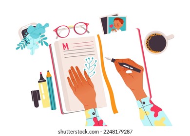 Hands with Pen Writing in Notepad as Working with Text Process Above View Vector Illustration