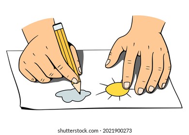 Hands with pencil draws. Front view. Vector clipart.