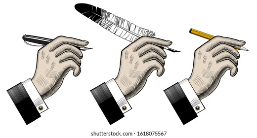 Hand's with a pencil, a feather pen, a pen. Retro design element. Vintage engraving stylized drawing. Vector illustration