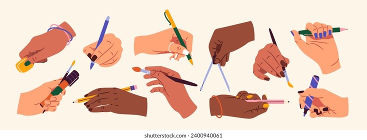 Manos con lápices puestos. Creatividad y arte. Las personas con bolígrafos, marcadores y pinceles dibujan y escriben. Talentosos artistas con papelería. Colección vectorial plana de dibujos animados aislada en fondo blanco