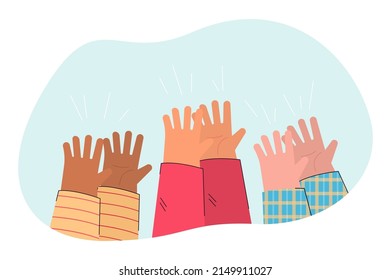 Hands of people asking help, care and support in problem. Hands up of persons flat vector illustration. Humanitarian crisis, poverty, charity concept for banner, website design or landing web page