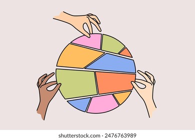 Hands of people with business diagram made from small pieces, and doing team work together with colleagues. Concept of dividing pie in form of diagram among everyone to get fair share for good job job