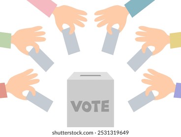 Hands of people casting votes in the ballot box. Vector illustration. Election image. White background.