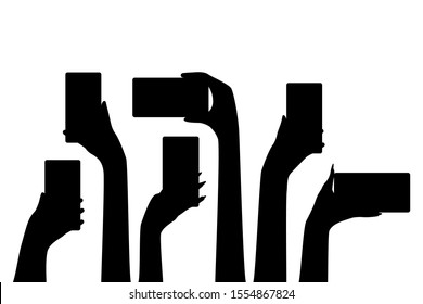 Hands of people with cell phones, black silhouette. Group of people men and women take photos, videos on smartphone. Record of an interesting, bright, shocking, memorable event, incident. Vector 