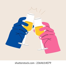 Manos de personas que se aferran a lentes con vino espumoso celebrando las vacaciones. Ilustración vectorial colorida