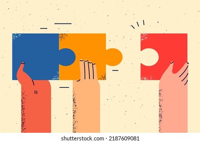 Hands people collecting jigsaw puzzles look for business problem solution together  Employees engaged in teambuilding work search for decision  Teamwork  Vector illustration  